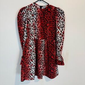 BATSHEVA RUFFLED LEOPARD PRINT VELVET DRESS RED WHITE LONG SLEEVE SZ 8 POCKETS